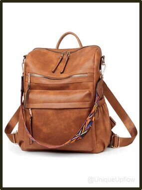 Women's PU Leather Backpack Purse Travel Designer Shoulder Bag Brown Wristlet